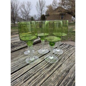 5 Mid Century Hand Blown green & Clear glass twisted stems Wine Cordial Glasses